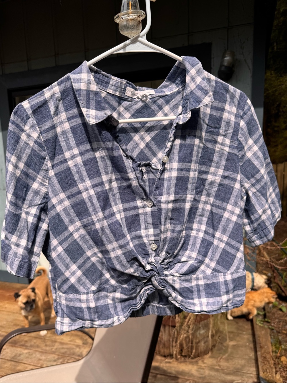 BCBGeneration Navy and White Plaid Tie-Front Blouse cropped